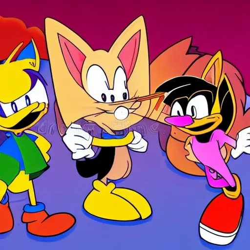 Prompt: Are crossovers overrated? News article. Videogames. Movies. Stock image. Bugs Bunny. Velma. Buster bunny Shaggy. .Looney Tunes Batman. Garnet from Steven Universe. Steven Universe. Porky pig. Daffy Duck. Sonic . Tails. Michael Jordon. Detail.