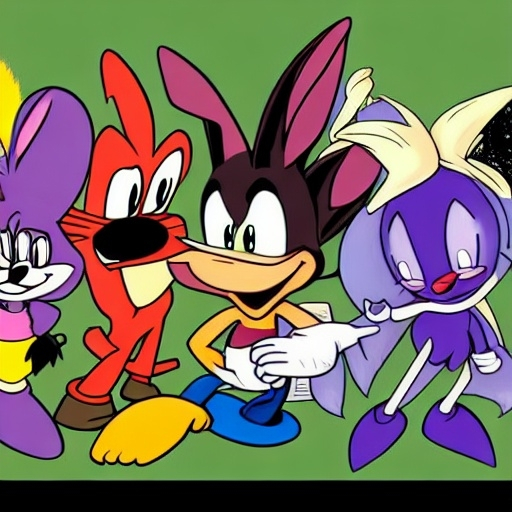 Prompt: Are crossovers overrated? News article. Videogames. Movies. Stock image. Bugs Bunny. Velma. Buster bunny Shaggy. .Looney Tunes Batman. Garnet from Steven Universe. Steven Universe. Porky pig. Daffy Duck. Sonic . Tails. Michael Jordon. Detail.