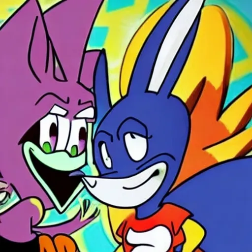 Prompt: Are crossovers overrated? News article. Videogames. Movies. Stock image. Bugs Bunny. Velma. Buster bunny Shaggy. .Looney Tunes Batman. Garnet from Steven Universe. Steven Universe. Porky pig. Daffy Duck. Sonic . Tails. Michael Jordon. Detail.