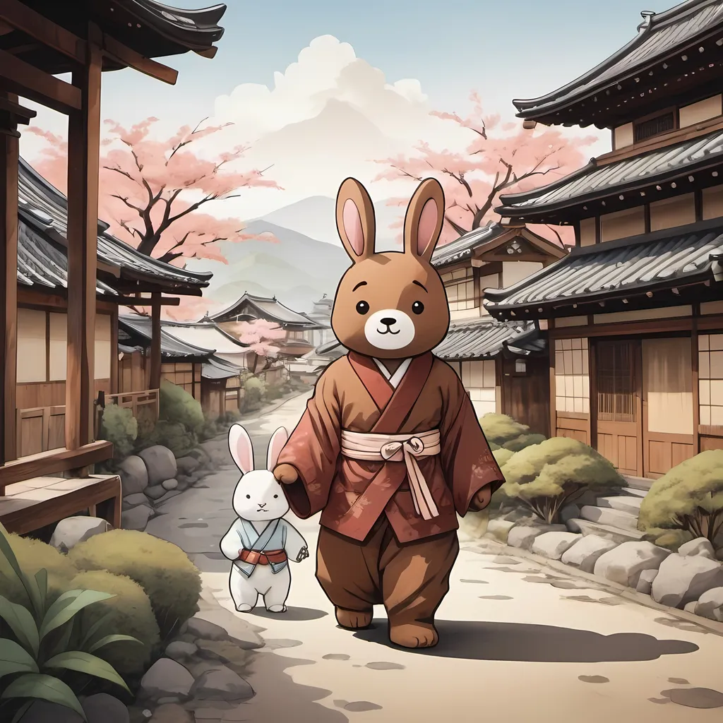 Prompt: Draw in Japanese washi paper illustration art style Brown the bear and Cony the rabbit Line Friends characters wearing kimono and walking in an old Edo style town landscape