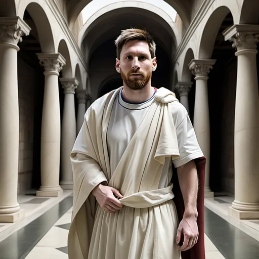 Prompt: create a portriote of Messi in the renaissance. ad linear perspective depth and agriculture holding ballandore and realism and secularism wearing a toga