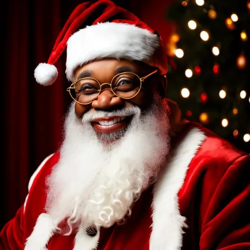 Prompt: African American Santa  photorealistic with glasses