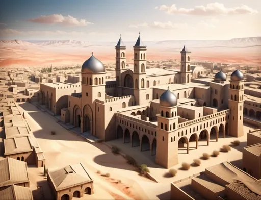 Prompt: Crusades-era European architecture, photorealistic, desert background, detailed architecture, ancient cityscape, warm lighting, historical, highres, detailed, realistic, ancient town, view from 90 degree angle