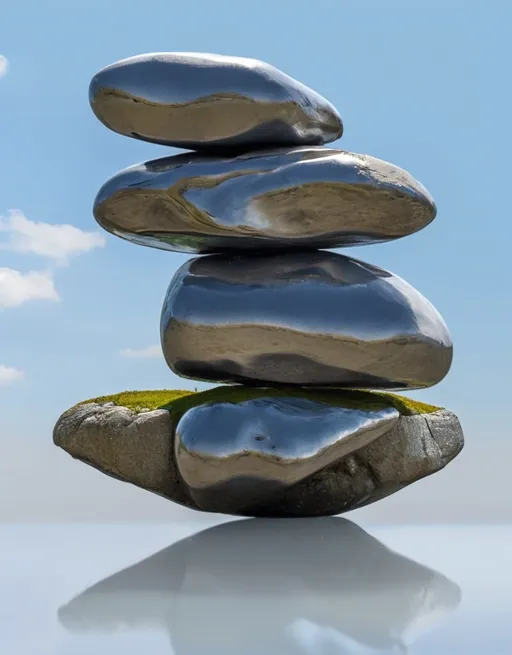 Prompt: A striking formation of boulders balances precariously upon one another, creating a visually intriguing sculpture of nature's artistry. The uppermost rock, somewhat rounded and weathered, rests effortlessly on a larger, more angular stone below, which in turn sits on a broader base, accentuated by patches of green moss. The texture of the rocks varies from rough, jagged edges to smoother surfaces, showcasing earthy tones of browns and grays that illustrate the effects of time and the elements. Against a plain gray backdrop, the composition emphasizes the precariousness of the arrangement, evoking a sense of tension and wonder at the natural world's ability to create such gravity-defying structures. This scene invites contemplation of balance and resilience in nature, while highlighting the raw beauty of geological formations.