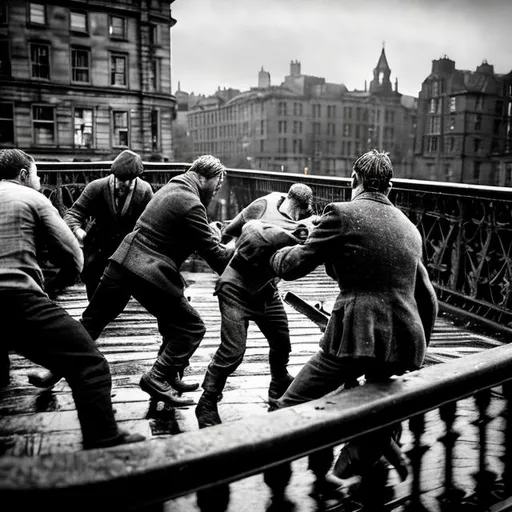 Prompt: Gritty photograph of a 1935 Glasgow gang fight on a bridge over a river, fighting between 100 Protestant and Catholics on a bridge in Glasgow, intense expressions, realistic texture, dramatic lighting, cinematic quality, violent confrontation, historical drama, realistic image, intense expressions, gritty texture, cinematic lighting, historical setting, dramatic atmosphere