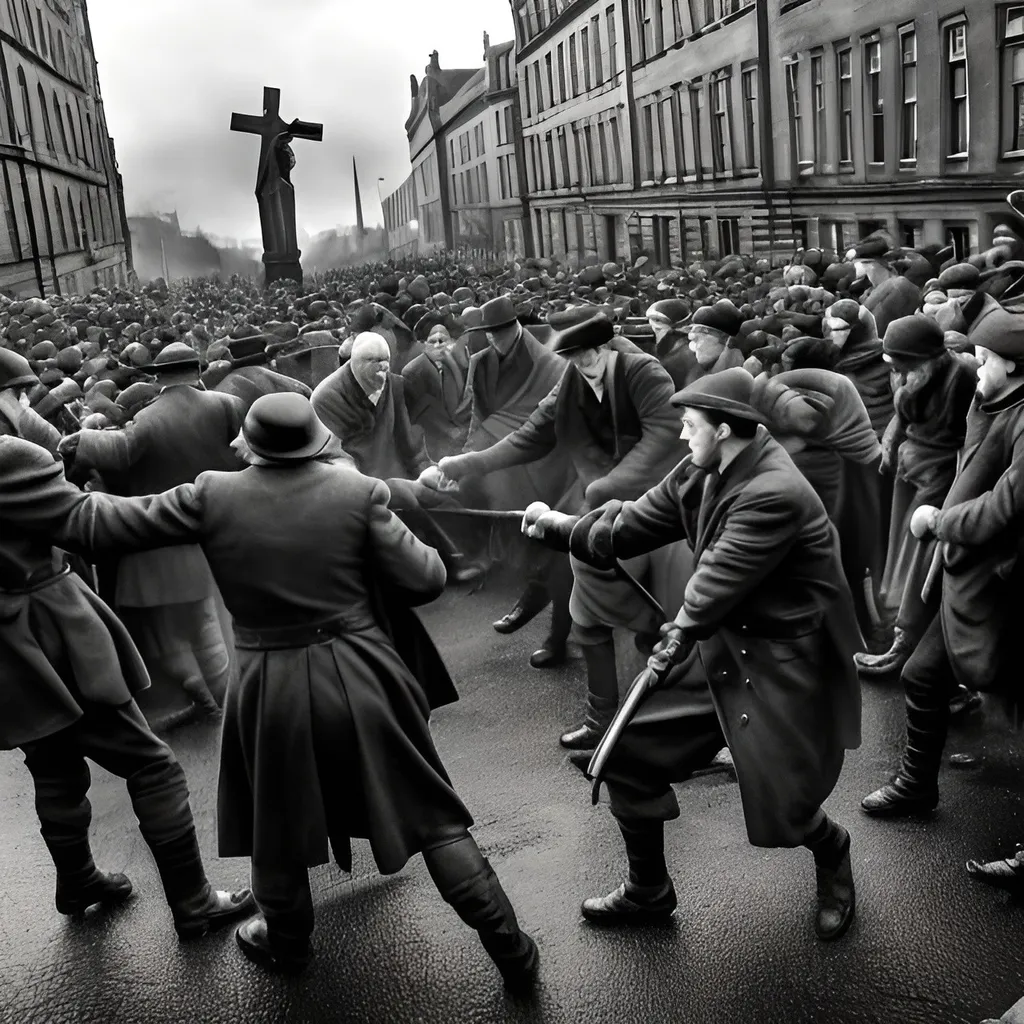 Prompt: Realism style, Gerard Butler vs Tony Curran, Glasgow 1935, bridge fight, 30 Catholics and Protestants fighting each other in the BG, one man in the BG holds a Catholic cross.  historical setting, realistic details, intense expressions, dynamic poses, authentic clothing, gritty atmosphere, dramatic lighting, high quality, realistic, historical, intense expressions, dynamic poses, authentic clothing, dramatic lighting