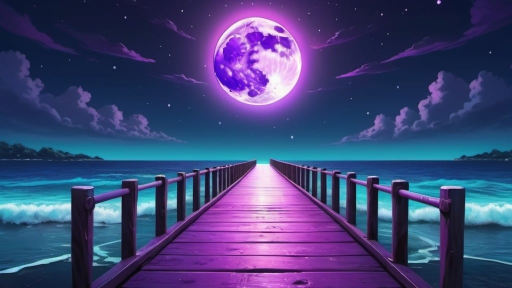 Prompt: A surreal picture of a bright fluorecent  smooth purple full moon coming out of the ocean in a star filled night. anime art. Ghibli style. a seamlessly endless flying wooden bridge that leads to the moon