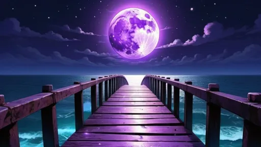 Prompt: A picture of a bright fluorecent purple full moon coming out of the ocean in a star filled night. anime art. an old bridge that magically connects the moon to the ocean