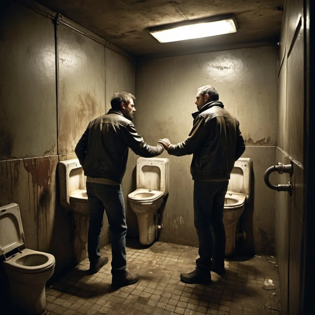 Prompt: Run-down public toilet scene, two men at urinal, high five, grimy environment, realistic style, dim lighting, grungy atmosphere, dirty walls, worn-out fixtures, detailed facial features, gritty, urban, low light, restroom, grungy, realistic, urban, detailed, dimly lit, grimy, worn-out