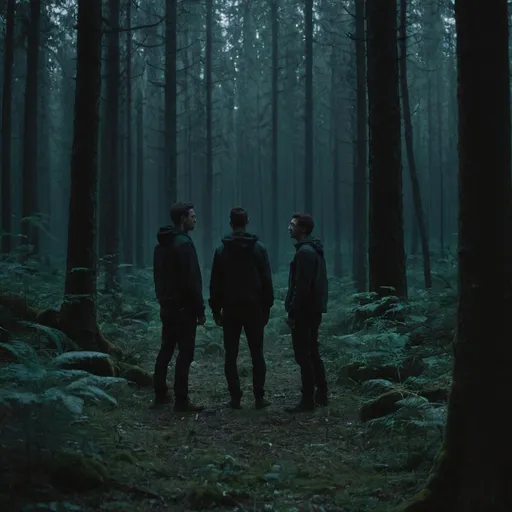 Prompt: Two guys are standing in a beautiful dark forest.