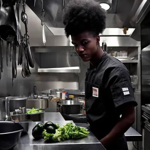 Prompt: 18 year old black male Working in a restaurant kitchen cyberpunk