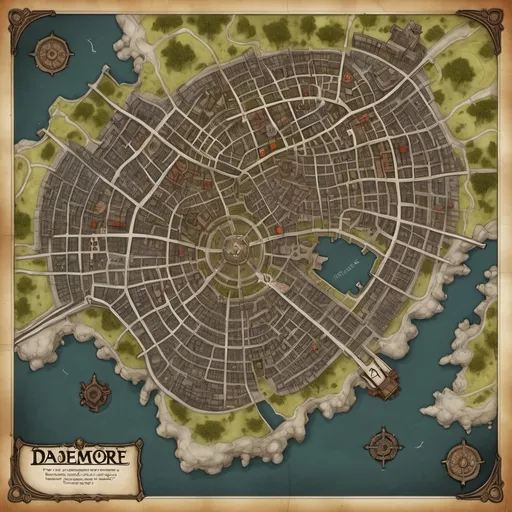 Prompt: Can I get an overhead birds eye view map of the city of Daemore. Daemore is a fictional city set in a dnd 5th edition campaign. The city is very large,where a group of adventures can find just about anything. From its shops,to its markets and even its underground black market. The city is known for being the central hub for any and all bounty/monster contracts. Can I get keypoints of interest like shops,inns,markets,temples and the bounty center labeled