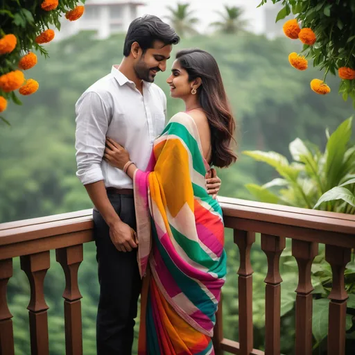 Prompt: Against a backdrop of lush greenery and vibrant flowers, a couple shares an intimate moment on a wooden balcony. The woman, dressed in a colorful saree featuring geometric patterns and bright hues, gazes adoringly at her partner, who wears a casual white long-sleeve shirt and black pants. Their expressions convey happiness and affection, as they stand close, wrapped in each other's presence. The soft, natural light enhances the scene, giving it a warm and inviting atmosphere, while the blurred flowers in the foreground add a touch of romance to this engaging moment.