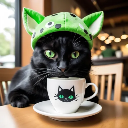 Prompt: A cute black cat with white spots and one of the ears is white and the other is black with green eyes sitting on a table next to a coffee cup with a frog hat on its head