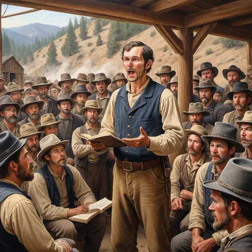 Prompt: Realistic oil painting of a clean-shaven slender 30-year-old male Caucasian miner delivering a sermon to a group of miners in Mariposa, CA during the 1849 California gold rush, accurate historical attire, dusty mining camp setting, detailed facial features and expressions, intense and passionate preaching, warm and natural lighting, high quality, realistic, historical, oil painting, detailed facial features, intense preaching, dusty mining camp, California gold rush, passionate expressions, historical attire