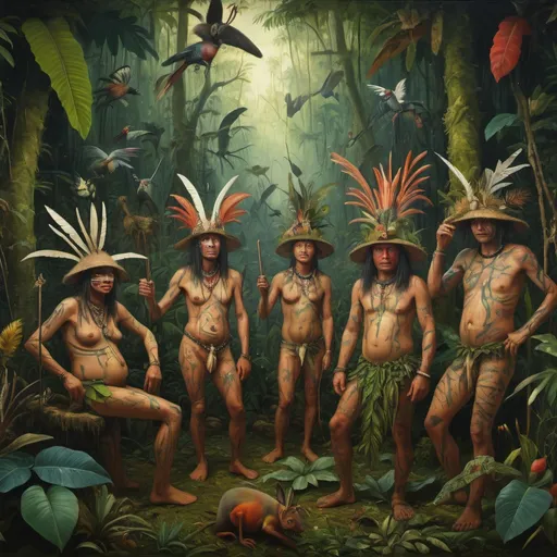 Prompt: Tribal group in the Amazon rainforest, Hieronymus Bosch style, oil painting, detailed jungle foliage, intricate tribal body paint, surreal and chaotic atmosphere, 4k, ultra-detailed, oil painting, Hieronymus Bosch style, tribal, rainforest, surreal, chaotic, detailed foliage, intricate body paint, atmospheric lighting