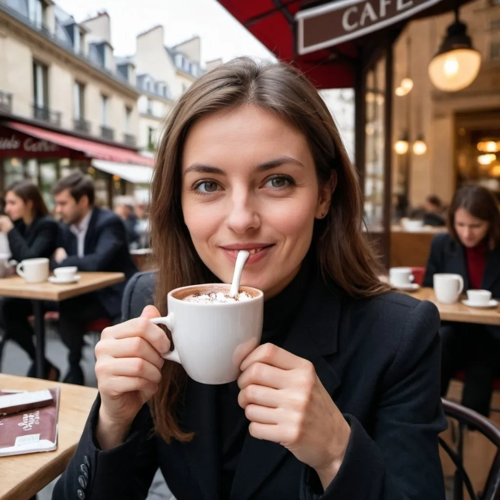 Prompt: A corporate women drinking hot choclate in a cafe in Paris