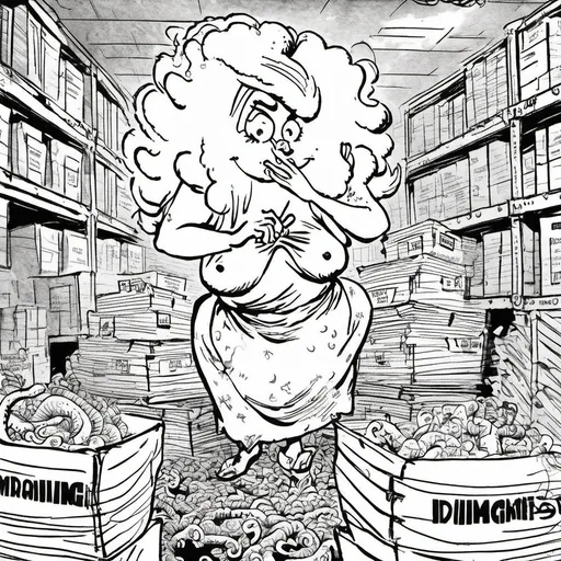 Prompt: Ursula the Sea Witch working at Amazon fulfillment center, tentacles packing boxes with 'Prime' labels, grumbling 'Darling it's minimum wage'. Caricature style: giant lips, Comic Studio's chaotic warehouse background.