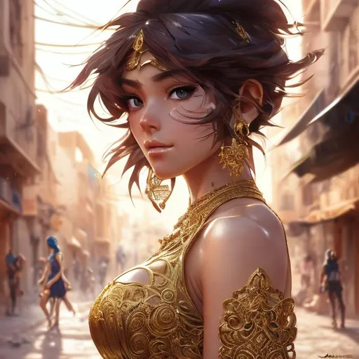 Prompt: 8k wallpaper of a beautiful anime adventurer girl wearing gold jewelry in the streets of a city in the Western Sahara, by artgerm, intricate detail, trending on artstation, 8k, fluid motion, stunning shading