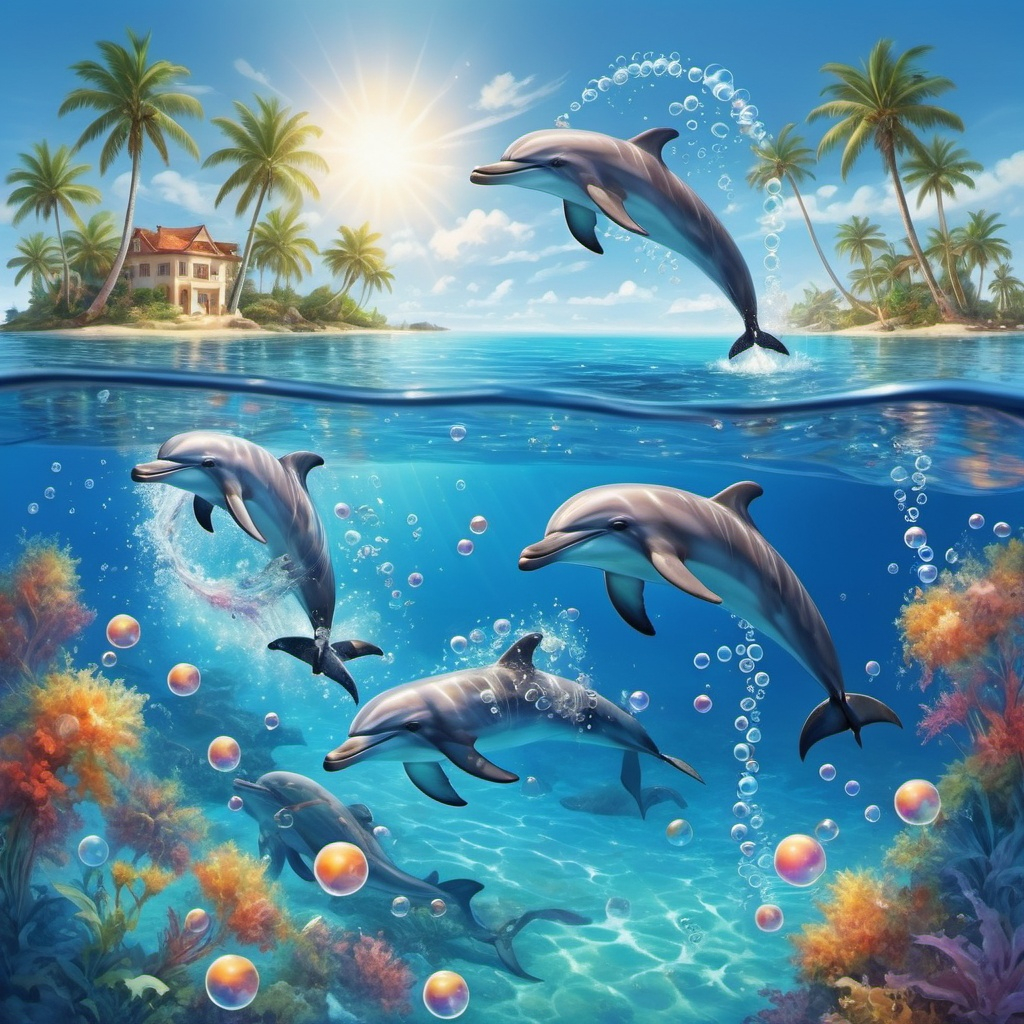 Vibrant underwater scene of playful dolphins, digita