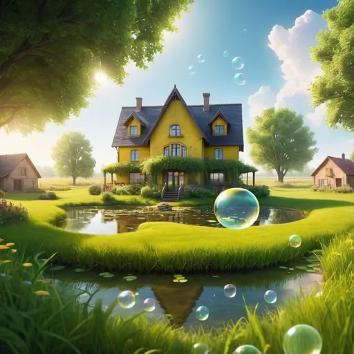 Prompt: high resolution, 4k, detailed, high quality, professional, wide view, grassy bright field, bubbles floating around, pond in the center with bright yellow fish in it, a house in the grassy bright field, ethereal
