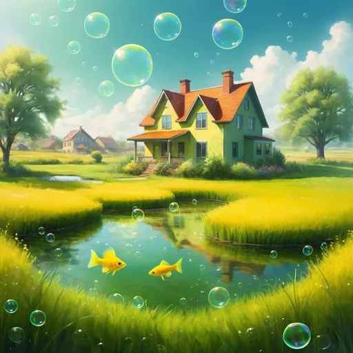 Prompt: grassy bright field, bubbles floating around, pond in the center with bright yellow fish in it, a house in the grassy bright field, ethereal 