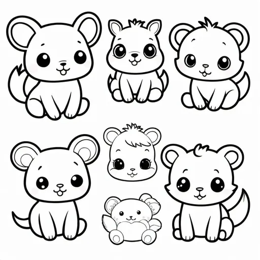 Prompt: 4 different colouring pages of cute kawai animals for toddlers