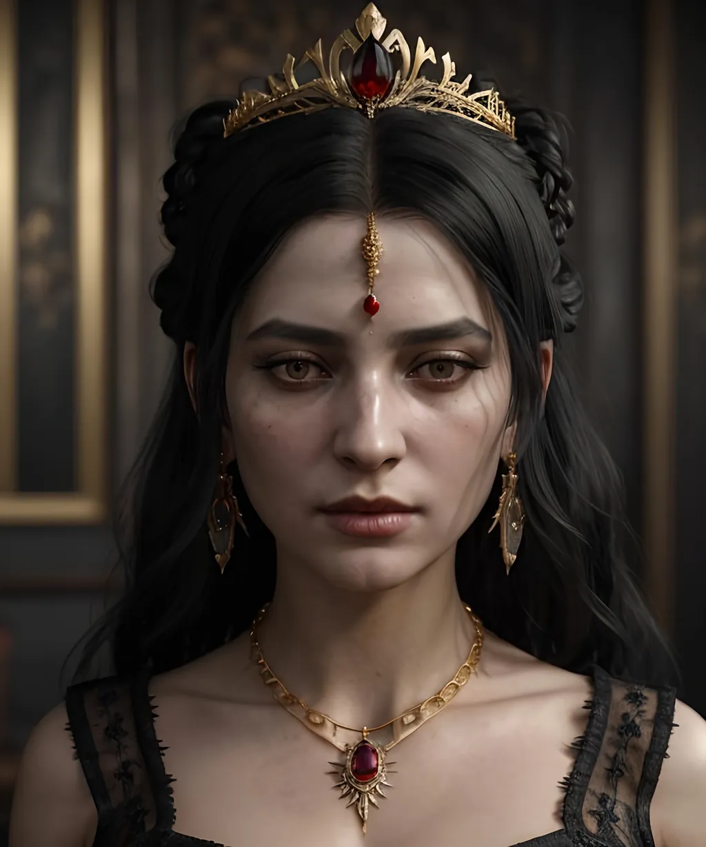 Prompt: Insidious portrait of a woman in a black dress with a gold necklace and a red jewel, unreal engine fantasy art, lovely bohemian princess, hyperrealistic aesthetic, very detailed medieval, zenobia, depicted as a 3 d render, inspired by Edward Robert Hughes, very beautiful woman with black hair, realistic proportions sfw, waifu, aesthetic, from witcher (2021)