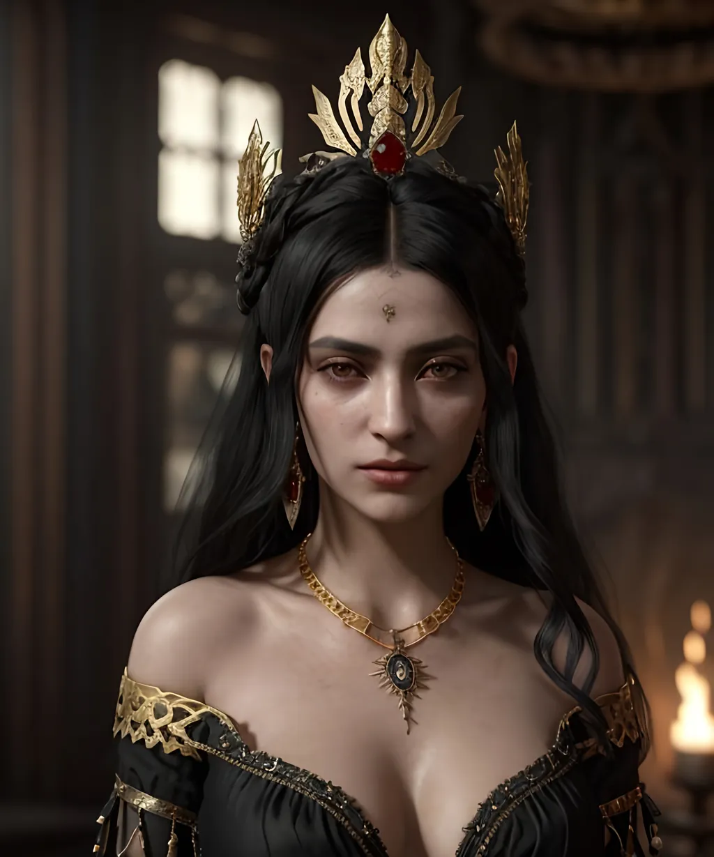 Prompt: Insidious portrait of a woman in a black dress with a gold necklace and a red jewel, unreal engine fantasy art, lovely bohemian princess, hyperrealistic aesthetic, very detailed medieval, zenobia, depicted as a 3 d render, inspired by Edward Robert Hughes, very beautiful woman with black hair, realistic proportions sfw, waifu, aesthetic, from witcher (2021)