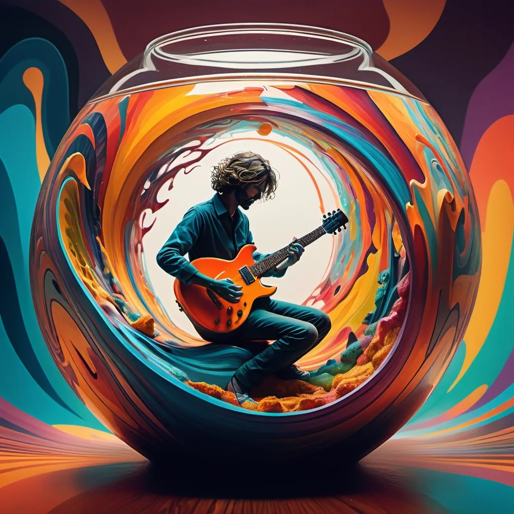 Prompt: A psychedelic fishbowl filled with swirling warm colors, abstract shapes, and rippling soundwaves. A trapped figure stares out, embodying the art of escape. Voices echo,  blending with a chaotic guitar solo. The scene pulses with an eerie mix of freedom, confinement, and surreal surrender.