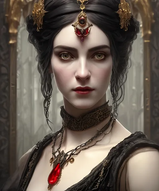 Prompt: Insidious portrait of a woman in a black dress with a gold necklace and a red jewel, unreal engine fantasy art, lovely bohemian princess, hyperrealistic aesthetic, very detailed medieval, zenobia, depicted as a 3 d render, inspired by Edward Robert Hughes, very beautiful woman with black hair, realistic proportions sfw, waifu, aesthetic, from witcher (2021)