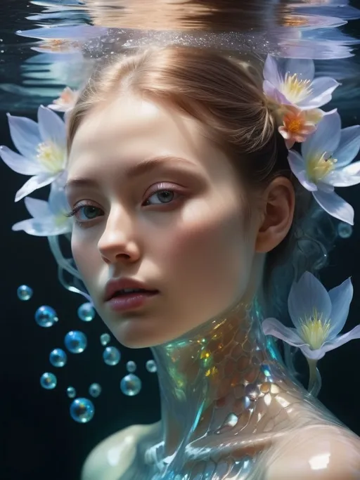 Prompt: A Beautiful, Ethereal Female Being. Her Energy Manifests In A Translucent Molecular Structure With Fascinating Textures And Iridescent, Luminous Scales. She Is Surrounded By Stunningly Beautiful Aquatic Flowers And Lashes Of Glass. Thanks To The Soft, Natural Volumetric Lighting That Creates A Cinematic Impression, The Work Achieves A Sublime Chiaroscuro Effect. Beautiful Realistic Painting By Hans Bellmer, Hyperrealism, Hyperdetailed, Ultra Realistic, Shiny Aura