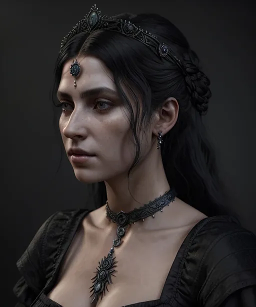 Prompt: Insidious portrait of a woman in a black dress, unreal engine fantasy art, lovely bohemian princess, hyperrealistic aesthetic, very detailed medieval, zenobia, depicted as a 3 d render, inspired by Edward Robert Hughes, very beautiful woman with black hair, realistic proportions sfw, waifu, aesthetic, from witcher (2021)