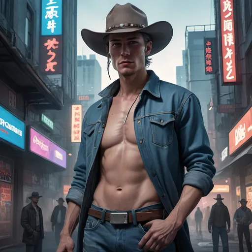 Prompt: there is a man in a cowboy hat and jeans standing in a city, cyberpunk portrait, by Frederik Vermehren, cigarette advertising, name of the character is chad, hyperrealistoc, promotional art, inspired by Raymond Han, author zima blue, 2019, boxart, promotional shot, inspired by Tom Palin, ash