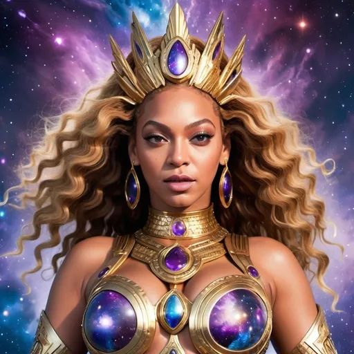 Prompt: beyonce transforming into a galaxy warrior princess