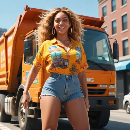 Prompt: beyonce driving a trash truck with her sunny sun shirt