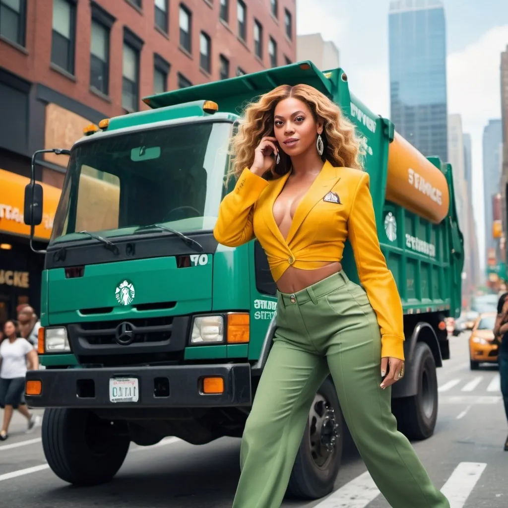 Prompt: beyonce driving a trash truck to starbucks