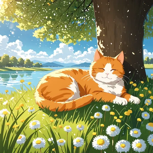 Prompt: a cute little orange cat with white stripes sleeping soundly on shining afterrain grass under the afternoon sun, under the tree, blue sky; some white flowers and  dandelions on the grass; some winds blow over the grass, lake at the back of the cat