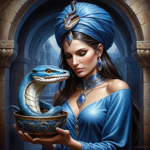 Prompt: Anne Stokes fantasy art of a divine woman offering a bowl to a man in a blue outfit with a snake on his shoulder, painting, high quality, detailed, fantasy, divine, mystical, magical, ethereal, vibrant colors, detailed textures, mystical lighting, rich colors, intricate details, professional, atmospheric art