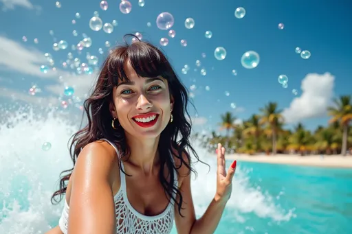 Prompt: photorealistic adult woman b22cba64 with dark brown hair with bangs, blue eyes, red lipstick, patterned knit top positioned center-right, surfing a wave in a vibrant ocean with summer clothes. Their expression is joyful and playful, with a wide smile and hand raised in a casual gesture. They are on a surfboard, facing the viewer. The background is a tropical beach scene with a light blue ocean, white waves, and bubbles. Numerous, colorful bubbles and the wave, enhancing the playful atmosphere. Palm trees and a sandy beach are visible in the distance. The scene is bright and colorful, with a wide range of saturated blues, reds, and yellows. The lighting is bright, suggesting a sunny day. The perspective is slightly elevated, giving a view of the wave from above.