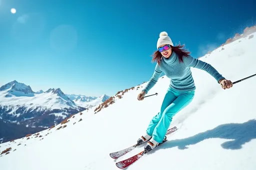 Prompt: A dynamic skiing scene featuring photorealistic adult woman b22cba64 with dark brown hair with bangs, blue eyes, red lipstick, patterned knit top skiing down a snow-covered mountain slope, wearing a vibrant light blue ski outfit with ski boots and gloves, completed by a white beanie and bright colored ski goggles. Positioned in the middle-right of the frame in an active skiing pose, the body leans slightly forward to showcase motion. The expression appears focused and engaged, oriented towards the lower-right area of the image. The winter landscape features a bright blue sky, snow-capped mountains, and expansive fresh snow. Bright sunny lighting emphasizes snow textures, with a slightly downward-angled perspective highlighting the ski run. Color scheme focuses on cheerful shades of blue, white, and light gray. The background includes additional mountains.