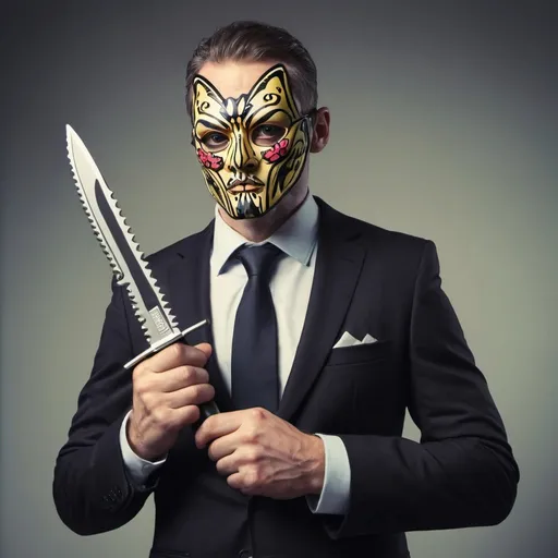 Prompt: man in suit with a robber mask holding a butterfly knife