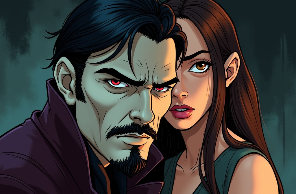 Prompt: A rugged, suave, severe, intense, angry, intimidating young slavic vampire man with dark hair, pale white skin,  long narrow face with square jaw and sharp features, thick trimmed mustache and goatee, hollow cheeks and high cheekbones, prominent hooked nose with a high bridge,red eyes, stalks a frightened cute and innocent young Irish woman with pale skin, long brown hair and large wide doe-like brown eyes from the shadows of a dark castle dungeon
