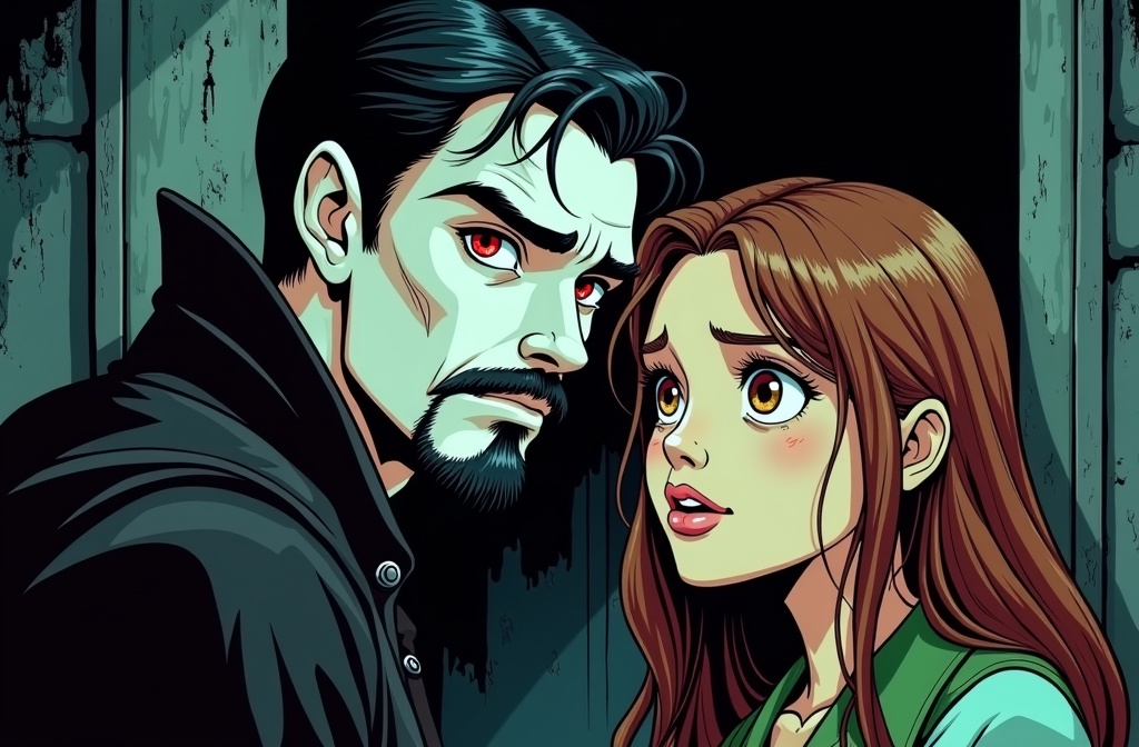 Prompt: A rugged, suave, severe, intense, intimidating young slavic vampire man with dark hair, pale white skin,  long narrow face with square jaw and sharp features, thick trimmed mustache and goatee, hollow cheeks and high cheekbones, prominent hooked nose with a high bridge,red eyes, stalks a frightened cute and innocent young Irish woman with pale skin, long brown hair and large wide doe-like brown eyes from the shadows of a dark castle dungeon
