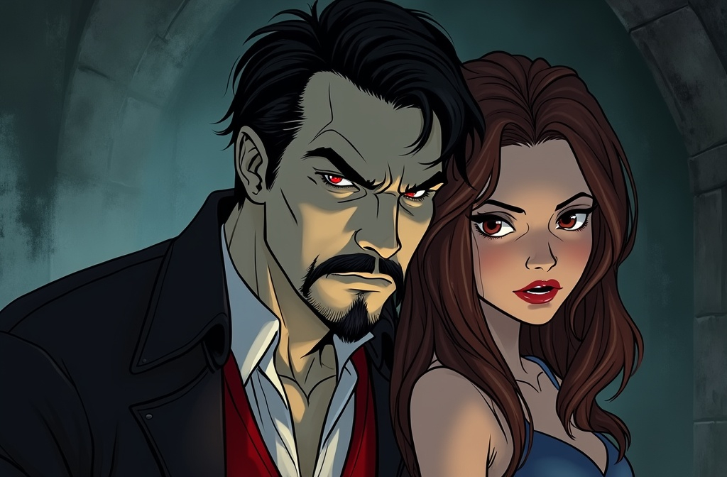 Prompt: A rugged, suave, severe, intense, angry, intimidating young slavic vampire man with dark hair, pale white skin,  long narrow face with square jaw and sharp features, thick trimmed mustache and goatee, hollow cheeks and high cheekbones, prominent hooked nose with a high bridge,red eyes, stalks a frightened cute and innocent young Irish woman with pale skin, long brown hair and large wide doe-like brown eyes from the shadows of a dark castle dungeon
