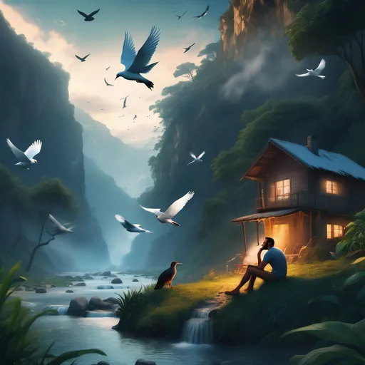 Prompt: man smoking a cigarette near a river originated from a snowy glacier in a evening setting looking at a house in distance birds are flying in the sky and animals are also present in a nearby jungle man smoking siting in the eadge of the cliff