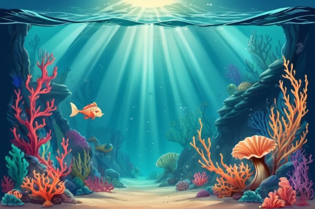 Prompt: Scene underwanter bottom of ocean, no coral and only sand , little mermaid art style