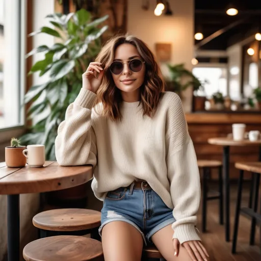 Prompt: A relaxed female model with shoulder-length chestnut hair styled in loose waves. She wears an oversized cream sweater tucked into high-waisted denim shorts, paired with trendy sneakers. Her look is casual yet fashionable, complemented by round sunglasses resting on her head. The cozy café setting features rustic wooden tables and plants, creating an inviting atmosphere.