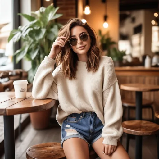 Prompt: A relaxed female model with shoulder-length chestnut hair styled in loose waves. She wears an oversized cream sweater tucked into high-waisted denim shorts, paired with trendy sneakers. Her look is casual yet fashionable, complemented by round sunglasses resting on her head. The cozy café setting features rustic wooden tables and plants, creating an inviting atmosphere.