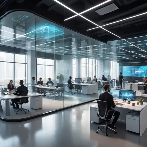 Prompt: "A futuristic, high-tech office with glass walls, holographic displays, and employees collaborating in a sleek, open workspace.